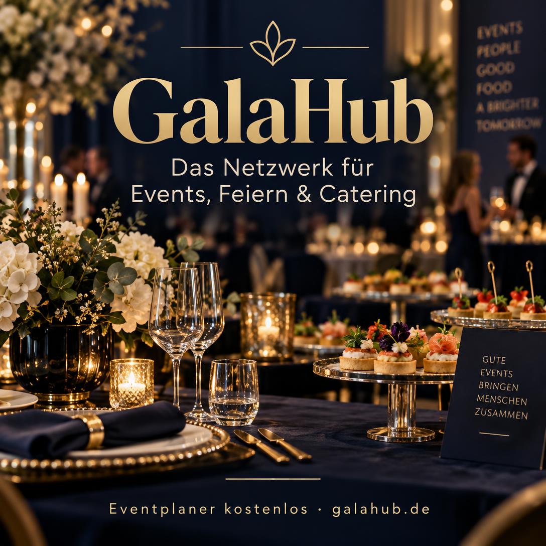 GalaHub Flyer für Instagram und Facebook GalaHub Social-Media-Flyer: festlich gedeckte Gala-Tafel mit Fingerfood, Schriftzug GalaHub und Hinweis auf den kostenlosen Eventplaner