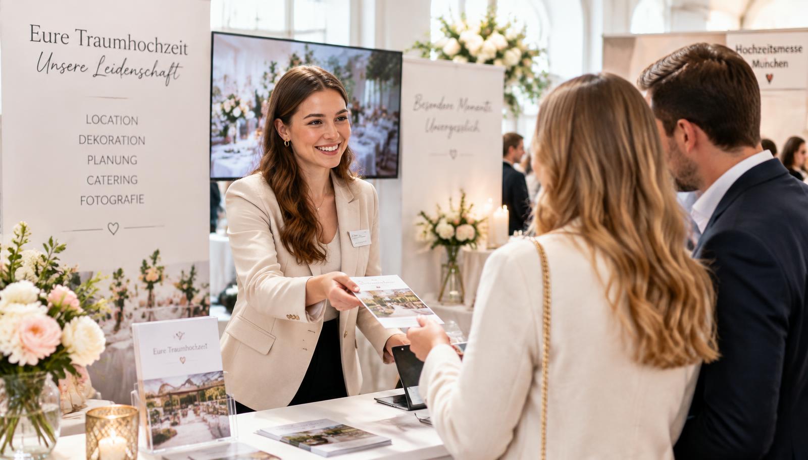 Promoterin überreicht auf einer Hochzeitsmesse einen Flyer an ein Brautpaar