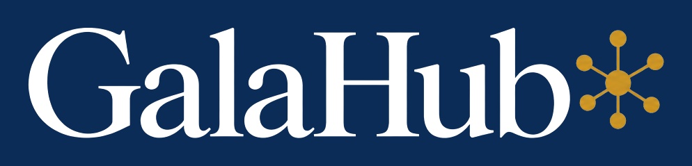 GalaHub – Negativ auf Dunkelblau GalaHub Logo in Weiß und Gold auf dunkelblauem Grund